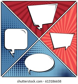 Abstract creative concept comic pop art style blank, layout template with clouds beams and isolated dots background. For sale banner, empty speech bubble set, vector illustration halftone book design