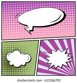 Abstract creative concept comic pop art style blank, layout template with clouds beams and isolated dots background. For sale banner, empty speech bubble set, vector illustration halftone book design