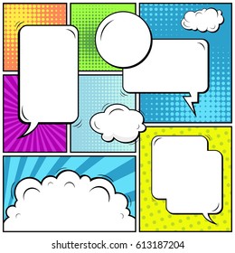 Abstract creative concept comic pop art style blank, layout template with clouds beams and isolated dots background. For sale banner, empty speech bubble set, vector illustration halftone book design