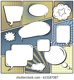 Abstract creative concept comic pop art style blank, layout template with clouds beams and isolated dots background. For sale banner, empty speech bubble set, vector illustration halftone book design