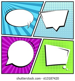 Abstract creative concept comic pop art style blank, layout template with clouds beams and isolated dots background. For sale banner, empty speech bubble set, vector illustration halftone book design