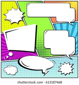 Abstract creative concept comic pop art style blank, layout template with clouds beams and isolated dots background. For sale banner, empty speech bubble set, vector illustration halftone book design