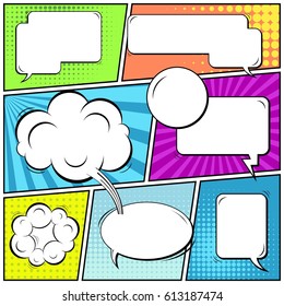 Abstract creative concept comic pop art style blank, layout template with clouds beams and isolated dots background. For sale banner, empty speech bubble set, vector illustration halftone book design