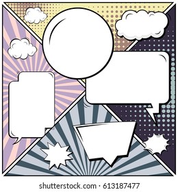 Abstract creative concept comic pop art style blank, layout template with clouds beams and isolated dots background. For sale banner, empty speech bubble set, vector illustration halftone book design