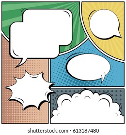 Abstract creative concept comic pop art style blank, layout template with clouds beams and isolated dots background. For sale banner, empty speech bubble set, vector illustration halftone book design