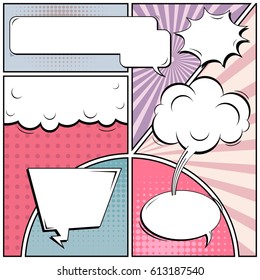 Abstract creative concept comic pop art style blank, layout template with clouds beams and isolated dots background. For sale banner, empty speech bubble set, vector illustration halftone book design