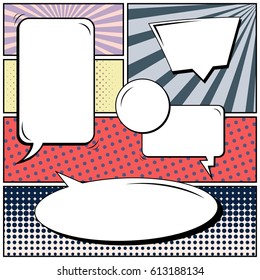 Abstract creative concept comic pop art style blank, layout template with clouds beams and isolated dots background. For sale banner, empty speech bubble set, vector illustration halftone book design