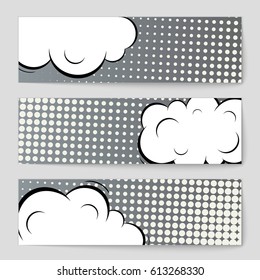 Abstract creative concept comic pop art style blank, layout template with clouds beams and isolated dots background. For sale banner, empty speech bubble set, vector illustration halftone book design