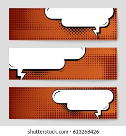 Abstract creative concept comic pop art style blank, layout template with clouds beams and isolated dots background. For sale banner, empty speech bubble set, vector illustration halftone book design