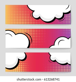 Abstract creative concept comic pop art style blank, layout template with clouds beams and isolated dots background. For sale banner, empty speech bubble set, vector illustration halftone book design