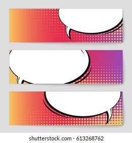 Abstract creative concept comic pop art style blank, layout template with clouds beams and isolated dots background. For sale banner, empty speech bubble set, vector illustration halftone book design