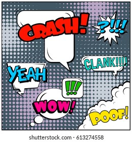 Abstract creative concept comic pop art style blank, layout template with clouds beams and isolated dots background. For sale banner, empty speech bubble set, vector illustration halftone book design