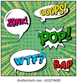 Abstract creative concept comic pop art style blank, layout template with clouds beams and isolated dots background. For sale banner, empty speech bubble set, vector illustration halftone book design