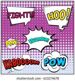 Abstract creative concept comic pop art style blank, layout template with clouds beams and isolated dots background. For sale banner, empty speech bubble set, vector illustration halftone book design