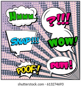Abstract creative concept comic pop art style blank, layout template with clouds beams and isolated dots background. For sale banner, empty speech bubble set, vector illustration halftone book design