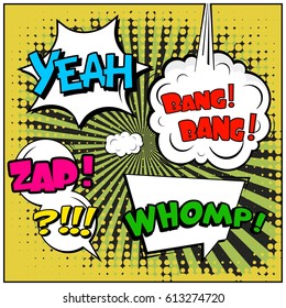 Abstract creative concept comic pop art style blank, layout template with clouds beams and isolated dots background. For sale banner, empty speech bubble set, vector illustration halftone book design