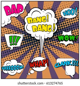 Abstract creative concept comic pop art style blank, layout template with clouds beams and isolated dots background. For sale banner, empty speech bubble set, vector illustration halftone book design