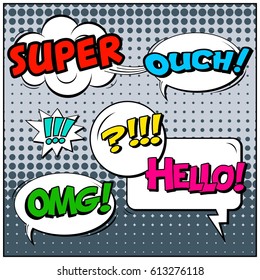 Abstract creative concept comic pop art style blank, layout template with clouds beams and isolated dots background. For sale banner, empty speech bubble set, vector illustration halftone book design