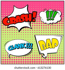 Abstract creative concept comic pop art style blank, layout template with clouds beams and isolated dots background. For sale banner, empty speech bubble set, vector illustration halftone book design