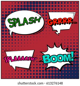 Abstract creative concept comic pop art style blank, layout template with clouds beams and isolated dots background. For sale banner, empty speech bubble set, vector illustration halftone book design