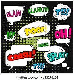 Abstract creative concept comic pop art style blank, layout template with clouds beams and isolated dots background. For sale banner, empty speech bubble set, vector illustration halftone book design