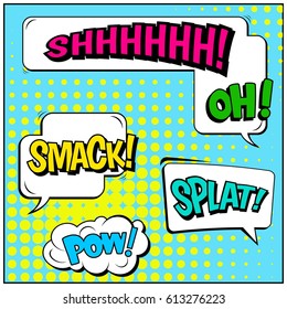 Abstract creative concept comic pop art style blank, layout template with clouds beams and isolated dots background. For sale banner, empty speech bubble set, vector illustration halftone book design