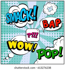 Abstract creative concept comic pop art style blank, layout template with clouds beams and isolated dots background. For sale banner, empty speech bubble set, vector illustration halftone book design