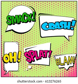 Abstract creative concept comic pop art style blank, layout template with clouds beams and isolated dots background. For sale banner, empty speech bubble set, vector illustration halftone book design