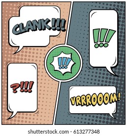 Abstract creative concept comic pop art style blank, layout template with clouds beams and isolated dots background. For sale banner, empty speech bubble set, vector illustration halftone book design