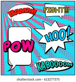 Abstract creative concept comic pop art style blank, layout template with clouds beams and isolated dots background. For sale banner, empty speech bubble set, vector illustration halftone book design