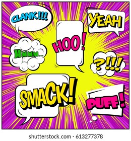 Abstract creative concept comic pop art style blank, layout template with clouds beams and isolated dots background. For sale banner, empty speech bubble set, vector illustration halftone book design