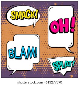 Abstract creative concept comic pop art style blank, layout template with clouds beams and isolated dots background. For sale banner, empty speech bubble set, vector illustration halftone book design