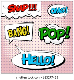 Abstract creative concept comic pop art style blank, layout template with clouds beams and isolated dots background. For sale banner, empty speech bubble set, vector illustration halftone book design