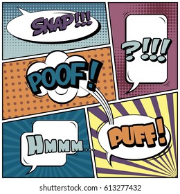 Abstract creative concept comic pop art style blank, layout template with clouds beams and isolated dots background. For sale banner, empty speech bubble set, vector illustration halftone book design