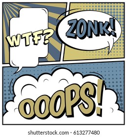 Abstract creative concept comic pop art style blank, layout template with clouds beams and isolated dots background. For sale banner, empty speech bubble set, vector illustration halftone book design