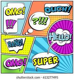 Abstract creative concept comic pop art style blank, layout template with clouds beams and isolated dots background. For sale banner, empty speech bubble set, vector illustration halftone book design