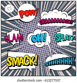 Abstract creative concept comic pop art style blank, layout template with clouds beams and isolated dots background. For sale banner, empty speech bubble set, vector illustration halftone book design