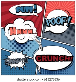 Abstract creative concept comic pop art style blank, layout template with clouds beams and isolated dots background. For sale banner, empty speech bubble set, vector illustration halftone book design