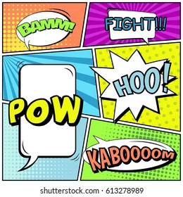 Abstract creative concept comic pop art style blank, layout template with clouds beams and isolated dots background. For sale banner, empty speech bubble set, vector illustration halftone book design