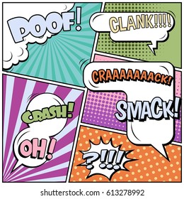 Abstract creative concept comic pop art style blank, layout template with clouds beams and isolated dots background. For sale banner, empty speech bubble set, vector illustration halftone book design