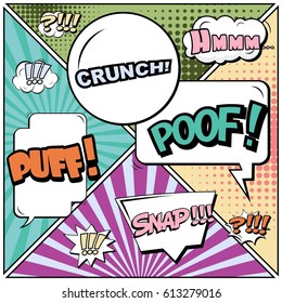 Abstract creative concept comic pop art style blank, layout template with clouds beams and isolated dots background. For sale banner, empty speech bubble set, vector illustration halftone book design