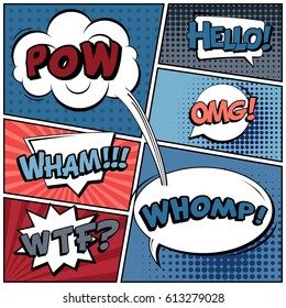 Abstract creative concept comic pop art style blank, layout template with clouds beams and isolated dots background. For sale banner, empty speech bubble set, vector illustration halftone book design
