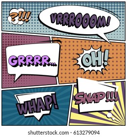 Abstract creative concept comic pop art style blank, layout template with clouds beams and isolated dots background. For sale banner, empty speech bubble set, vector illustration halftone book design