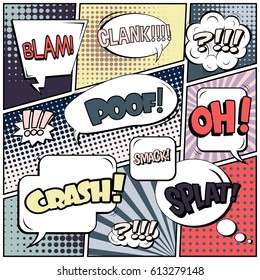 Abstract creative concept comic pop art style blank, layout template with clouds beams and isolated dots background. For sale banner, empty speech bubble set, vector illustration halftone book design