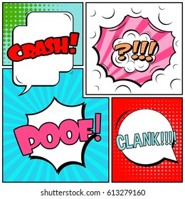 Abstract creative concept comic pop art style blank, layout template with clouds beams and isolated dots background. For sale banner, empty speech bubble set, vector illustration halftone book design