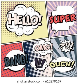 Abstract creative concept comic pop art style blank, layout template with clouds beams and isolated dots background. For sale banner, empty speech bubble set, vector illustration halftone book design