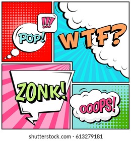 Abstract creative concept comic pop art style blank, layout template with clouds beams and isolated dots background. For sale banner, empty speech bubble set, vector illustration halftone book design