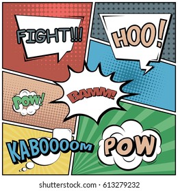 Abstract creative concept comic pop art style blank, layout template with clouds beams and isolated dots background. For sale banner, empty speech bubble set, vector illustration halftone book design