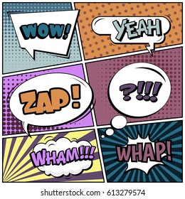 Abstract creative concept comic pop art style blank, layout template with clouds beams and isolated dots background. For sale banner, empty speech bubble set, vector illustration halftone book design