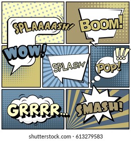 Abstract creative concept comic pop art style blank, layout template with clouds beams and isolated dots background. For sale banner, empty speech bubble set, vector illustration halftone book design
